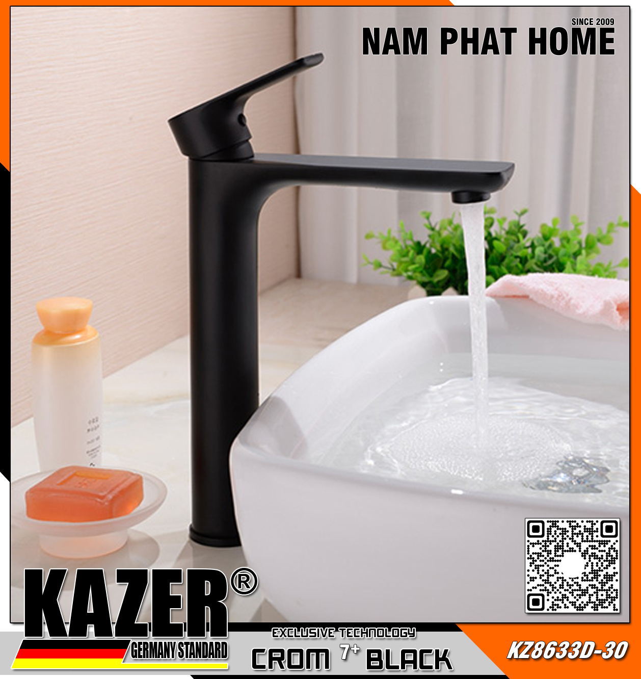 KZ8633D-30 - VÒI LAVABO NÓNG LẠNH KAZER, MẠ CROM 7+ BLACK 30CM
