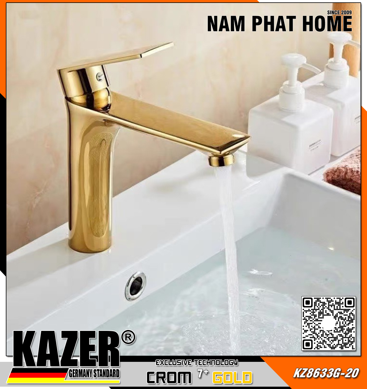 KZ8633G-20 - VÒI LAVABO NÓNG LẠNH ĐỒNG THAU KAZER, MẠ CROM 7+ GOLD 20CM