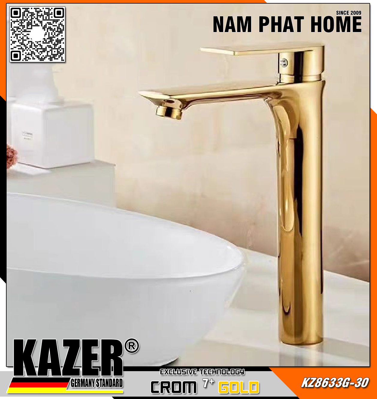 KZ8633G-30 - VÒI LAVABO NÓNG LẠNH ĐỒNG THAU KAZER, MẠ CROM 7+ GOLD 30CM
