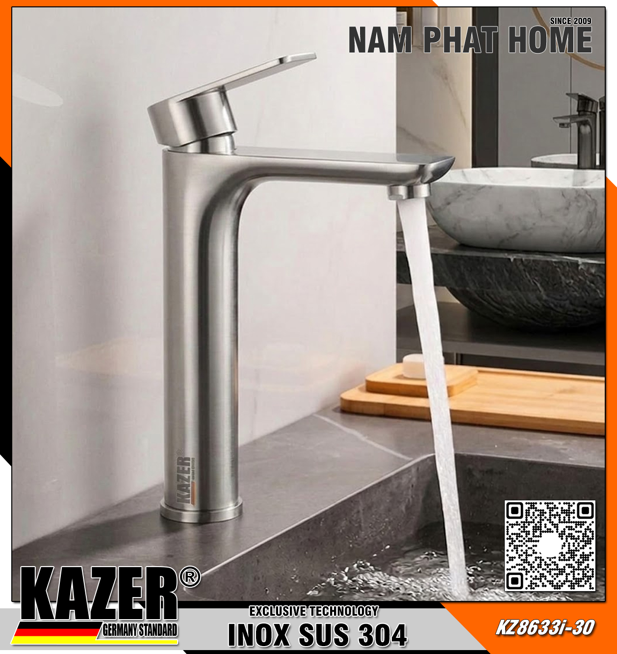 KZ8633I-30 - VÒI LAVABO NÓNG LẠNH MẪU TRÒN INOX 304  CHUẨN NGUYÊN CHẤT - 30CM