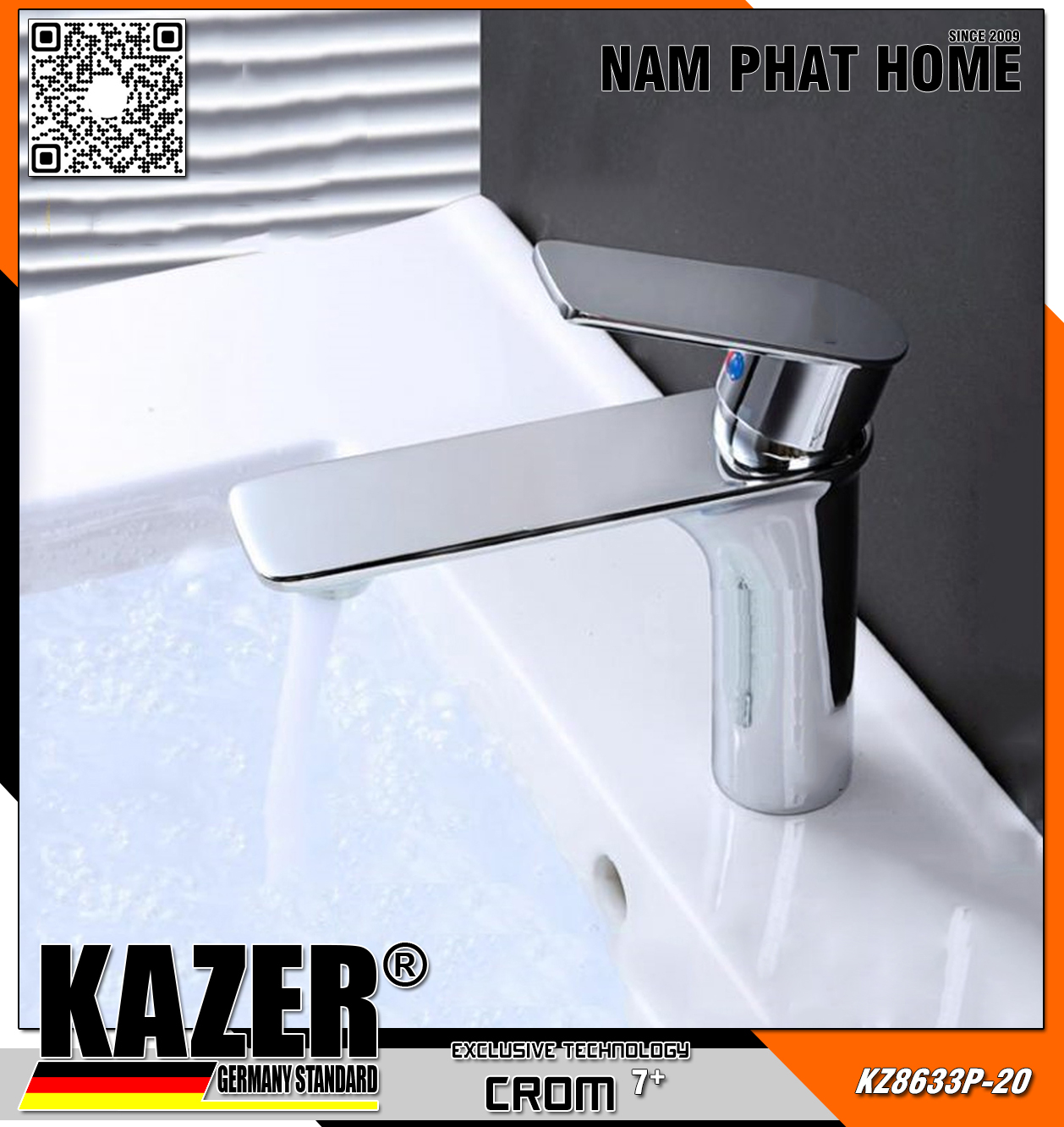 KZ8633P-20 - VÒI LAVABO NÓNG LẠNH ĐỒNG THAU KAZER, MẠ CROM 7+ 20CM