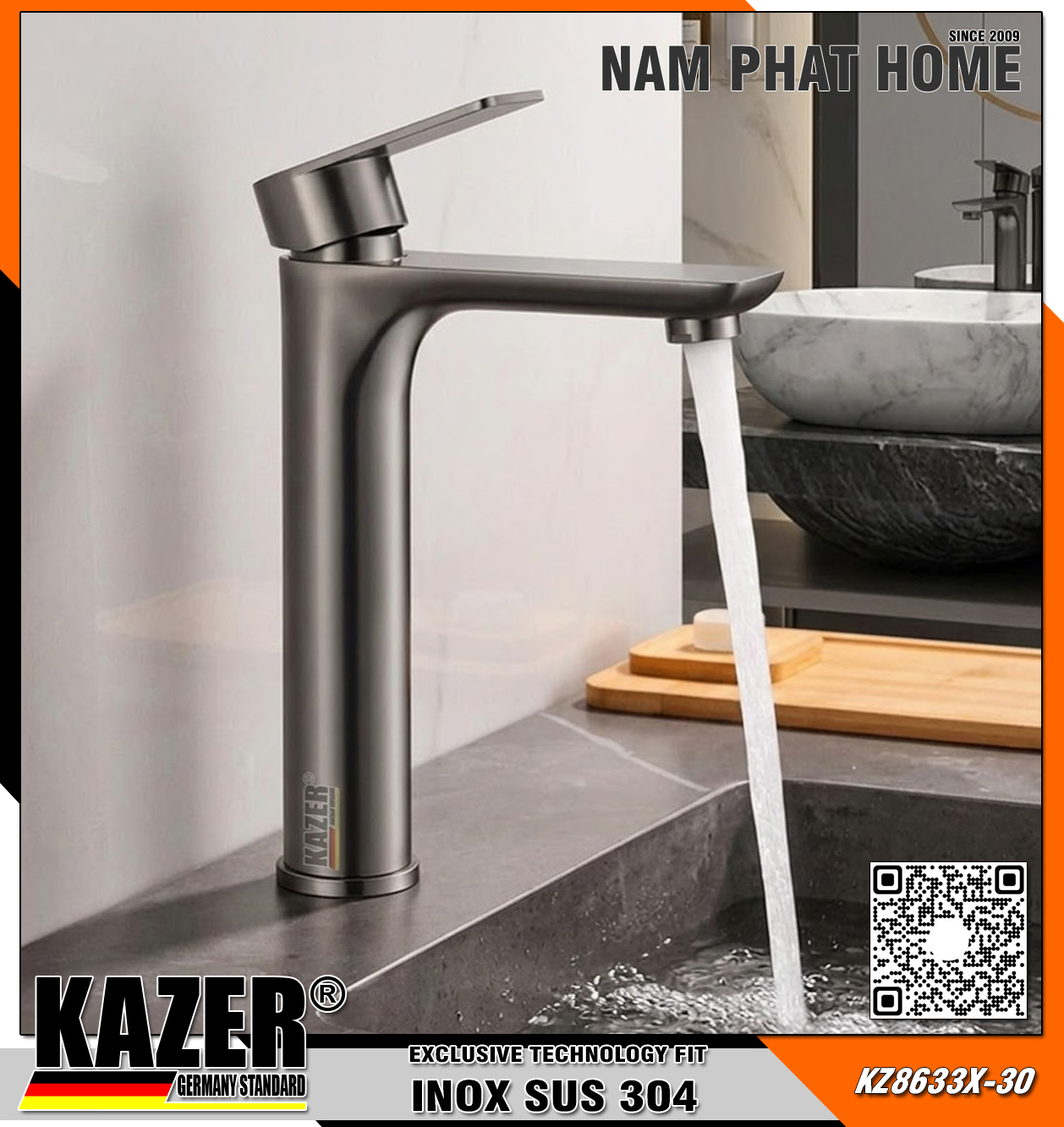 KZ8633X-30 - VÒI LAVABO NÓNG LẠNH INOX 304 KAZER, MẠ CROM 7+ TITAN 30CM