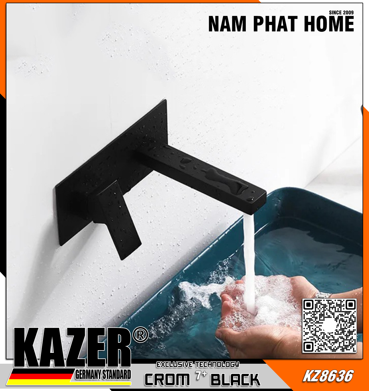 KZ8636 - VÒI LAVABO NÓNG LẠNH ĐỒNG THAU KAZER, MẠ CROM 7+ BLACK