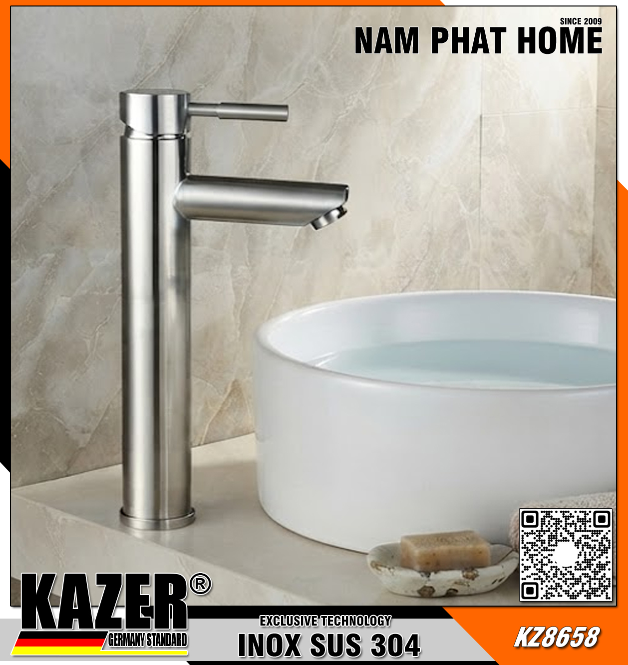 KZ8658 - VÒI LAVABO NÓNG LẠNH MẪU TRÒN INOX 304 CHUẨN NGUYÊN CHẤT KAZER - 30CM