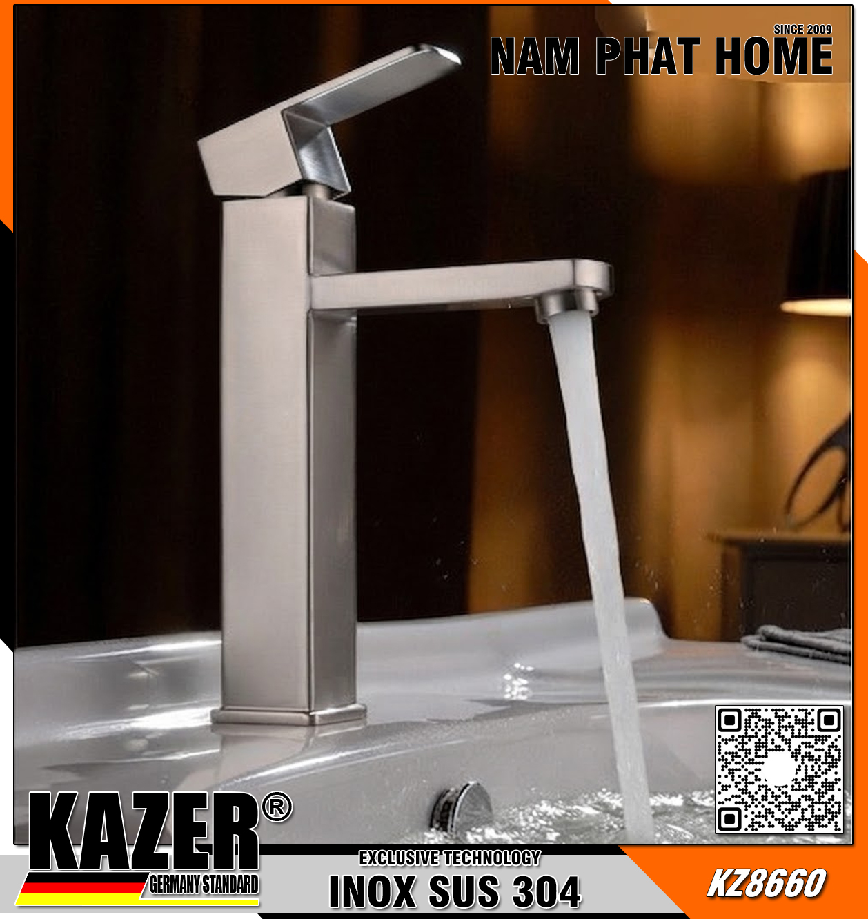 KZ8660 - VÒI LAVABO NÓNG LẠNH MẪU VUÔNG INOX 304  CHUẨN NGUYÊN CHẤT KAZER - 30cm