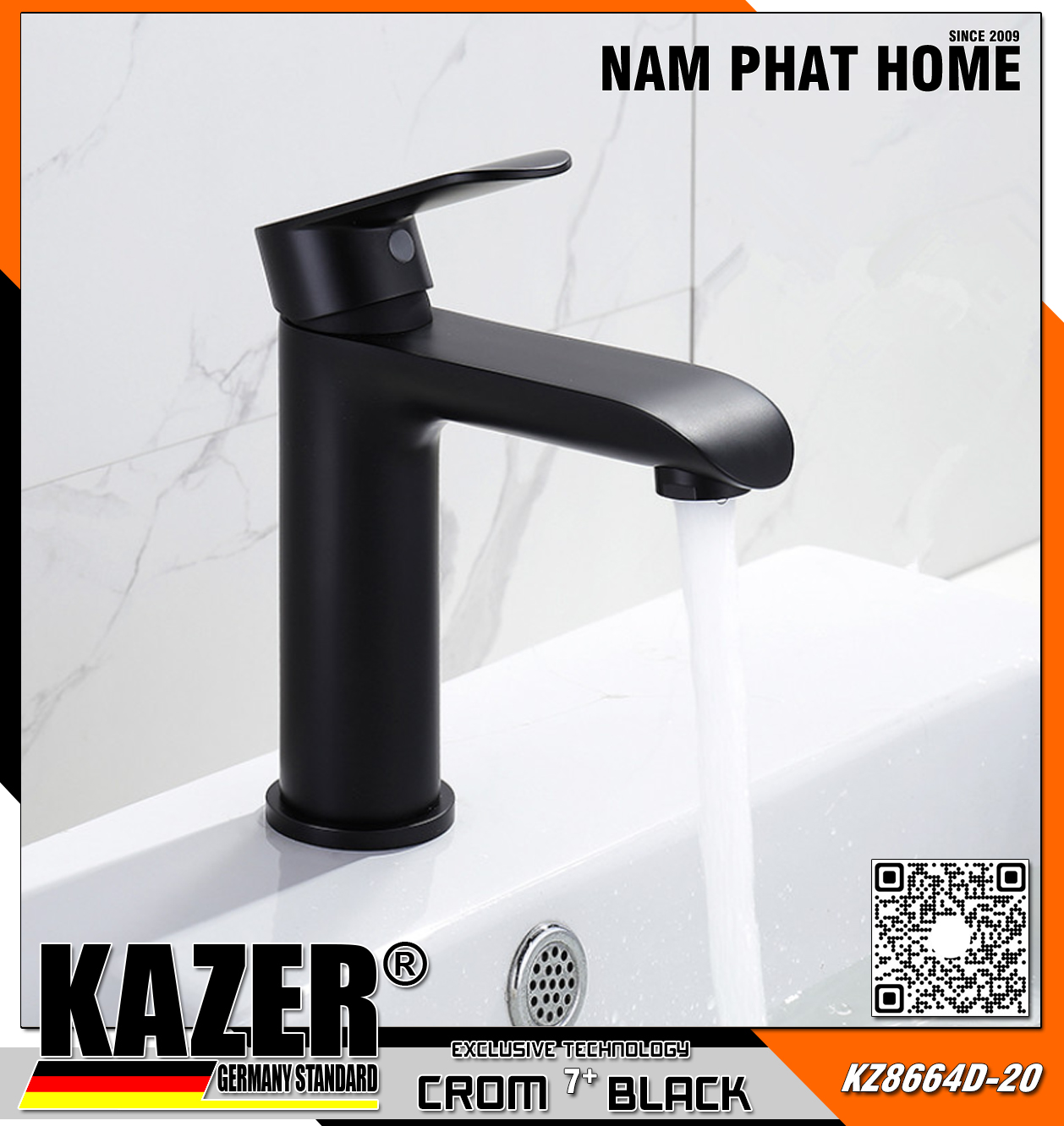 KZ8664D-20 - VÒI LAVABO NÓNG LẠNH ĐỒNG THAU KAZER, MẠ CROM 7+ BLACK 20CM