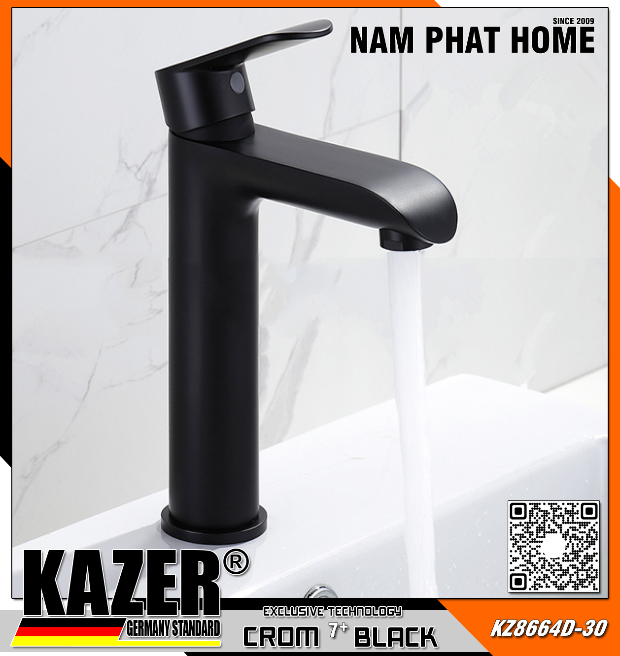 KZ8664D-30 - VÒI LAVABO NÓNG LẠNH ĐỒNG THAU KAZER, MẠ CROM 7+ BLACK 30CM