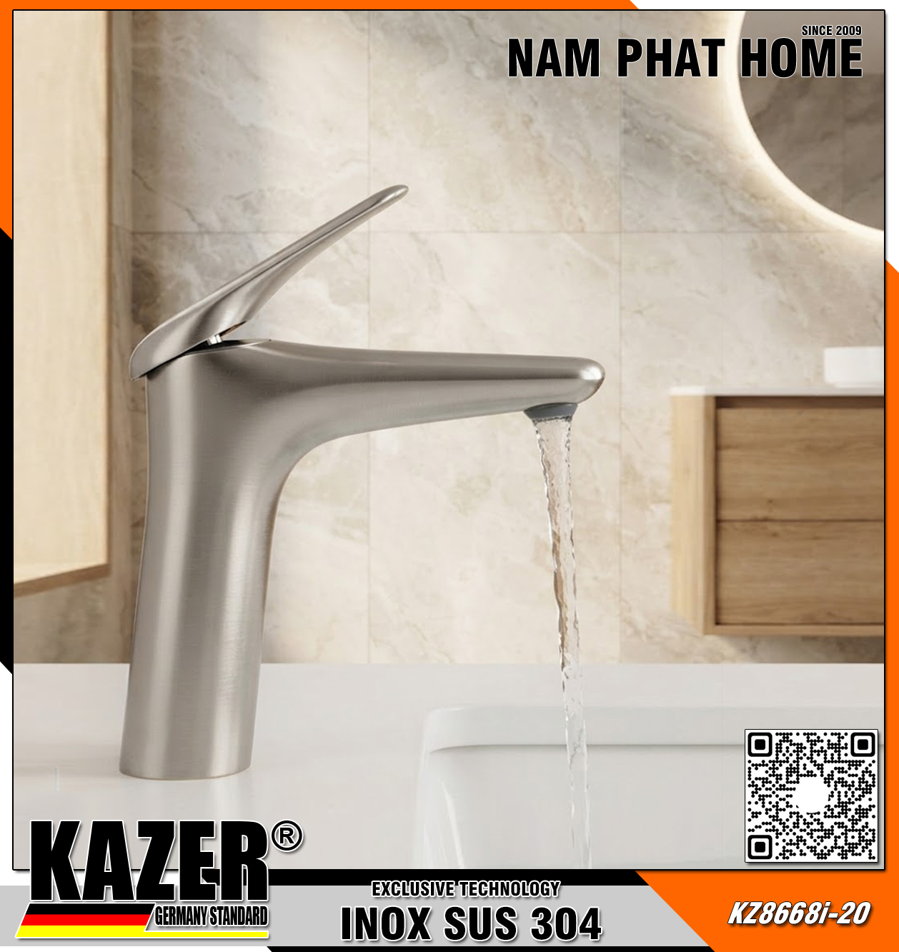 KZ8668I - VÒI LAVABO NÓNG LẠNH KAZER MẪU TRÒN INOX 304 CHUẨN NGUYÊN CHẤT - 20CM