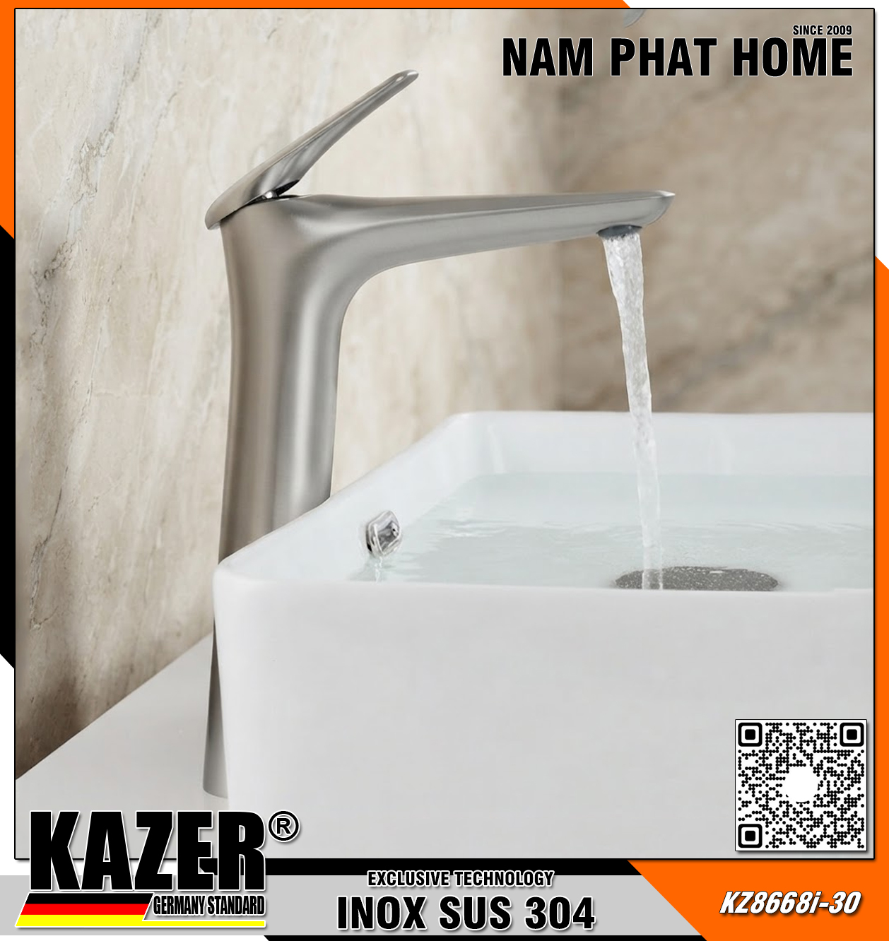 KZ8668I - VÒI LAVABO NÓNG LẠNH KAZER MẪU TRÒN INOX 304 CHUẨN NGUYÊN CHẤT - 30CM