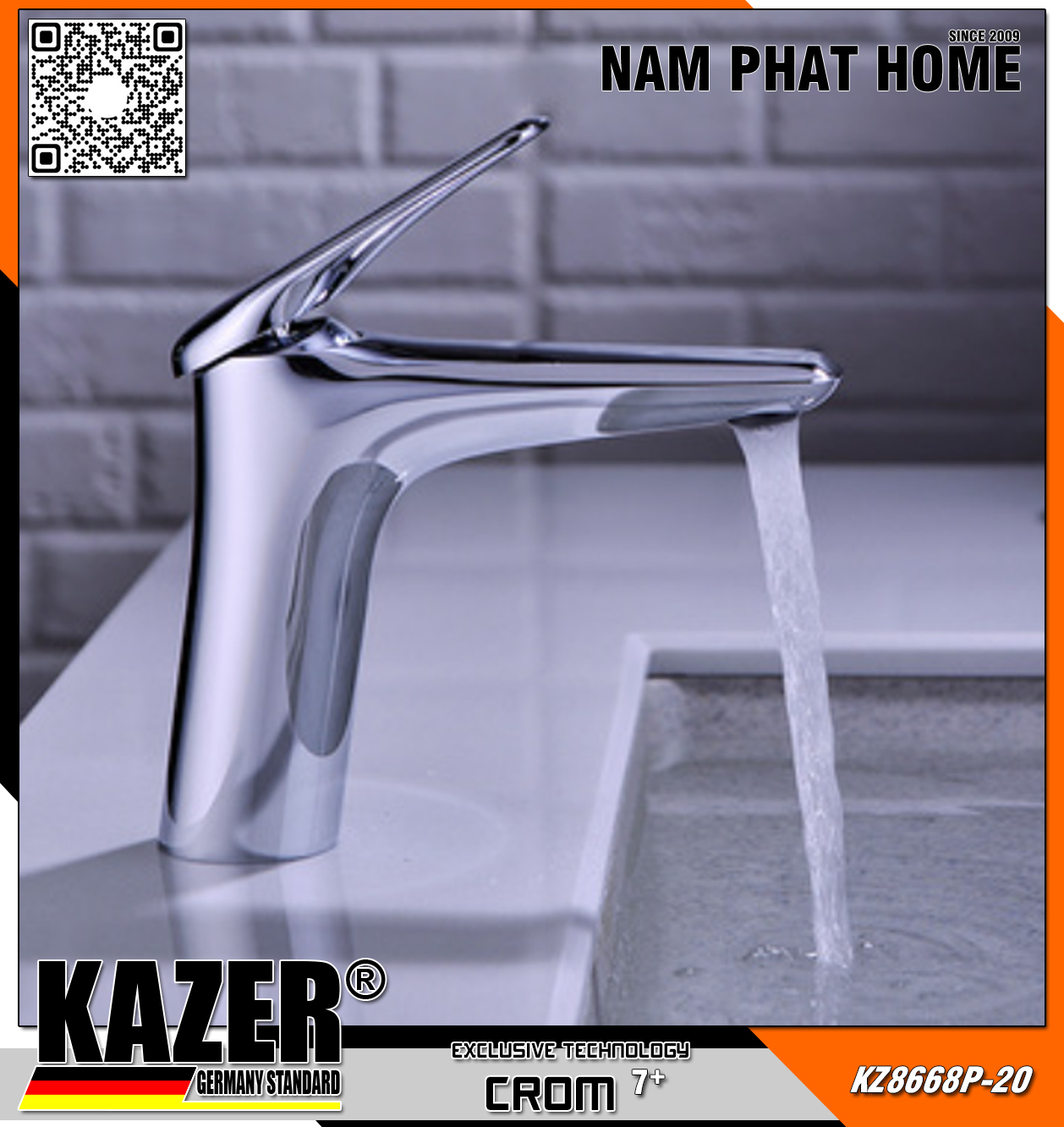 KZ8668P-20 - VÒI LAVABO NÓNG LẠNH ĐỒNG THAU KAZER, MẠ CROM 7+ 20CM