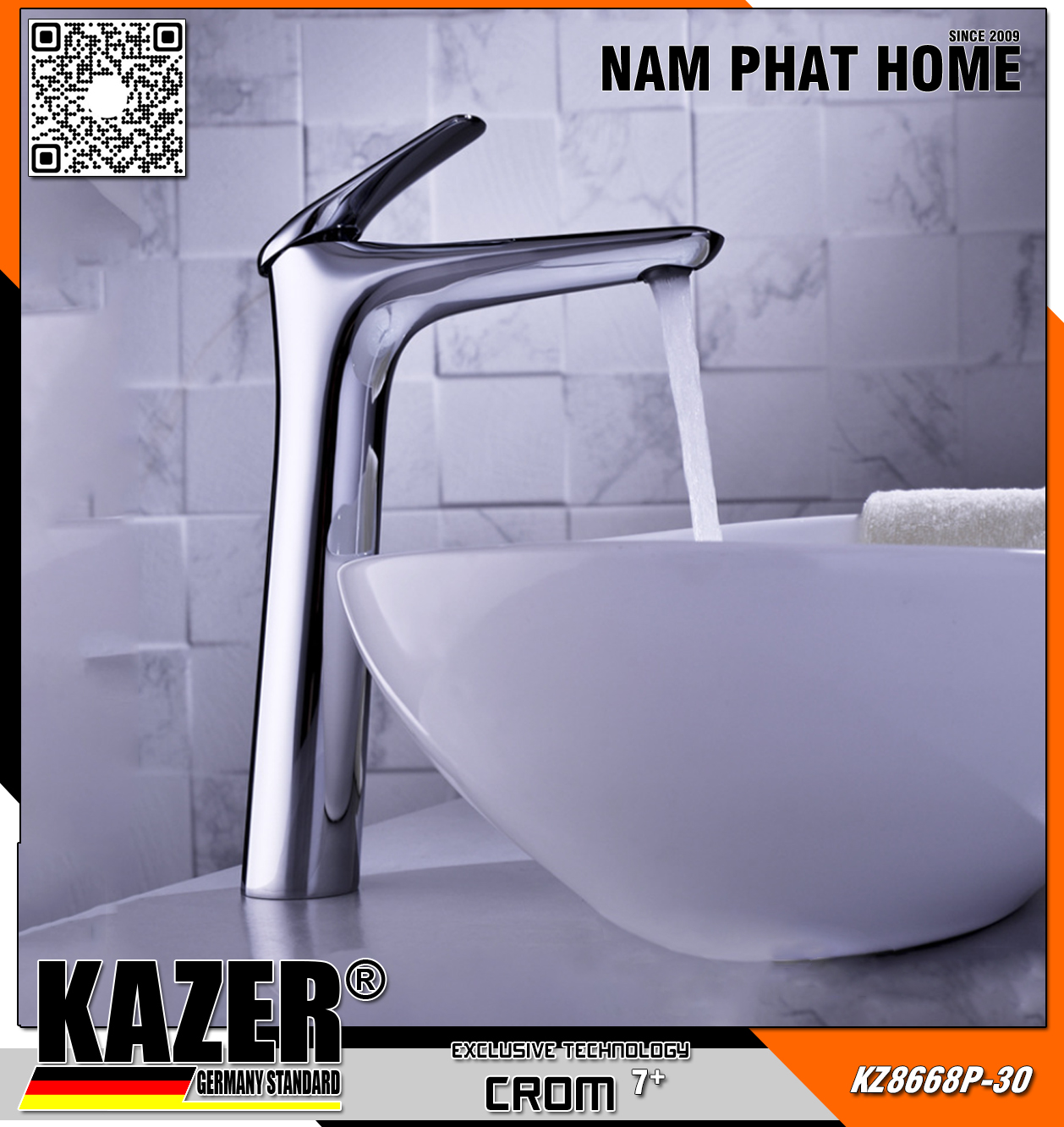 KZ8668P-30 - VÒI LAVABO NÓNG LẠNH ĐỒNG THAU KAZER, MẠ CROM 7+ 30CM