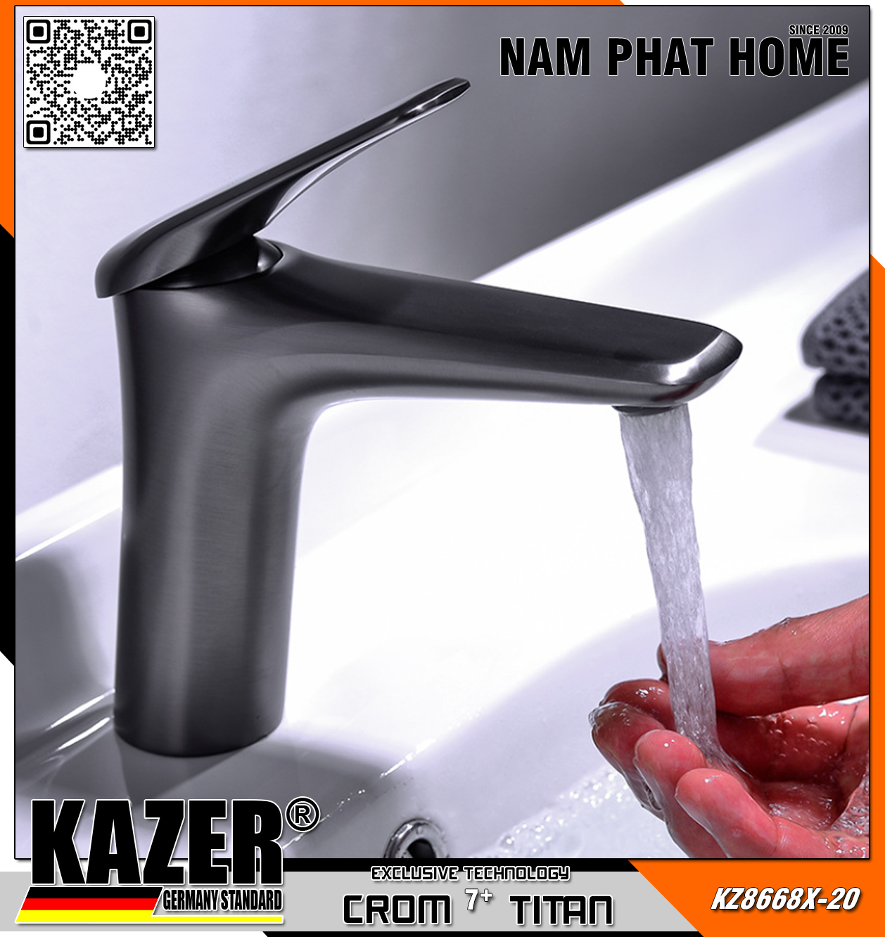 KZ8668X-20 - VÒI LAVABO NÓNG LẠNH ĐỒNG THAU KAZER, MẠ CROM 7+ TITAN - 20CM