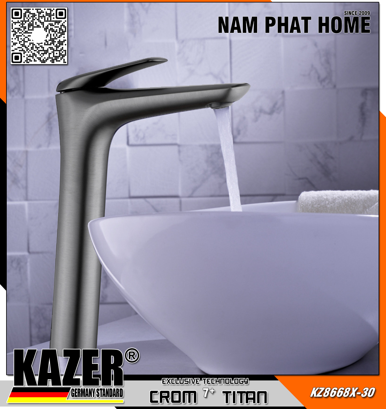 KZ8668X-30 - VÒI LAVABO NÓNG LẠNH ĐỒNG THAU KAZER, MẠ CROM 7+ TITAN - 30CM