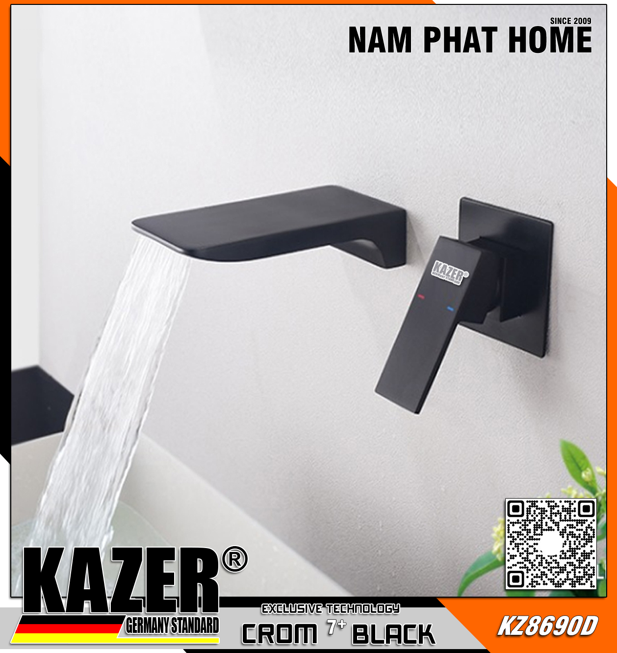 KZ8690D - VÒI LAVABO NÓNG LẠNH ĐỒNG THAU KAZER, MẠ CROM 7+ BLACK