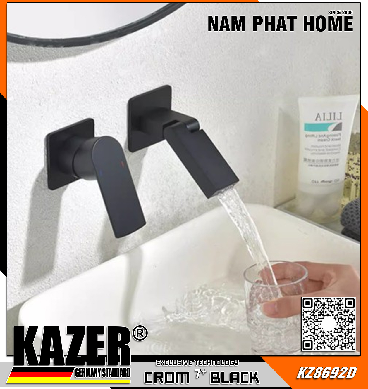 KZ8692D - VÒI LAVABO NÓNG LẠNH ĐỒNG THAU KAZER, MẠ CROM 7+ BLACK