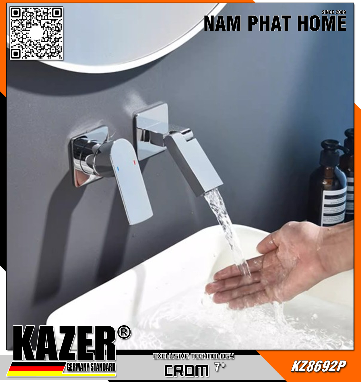 KZ8692P - VÒI LAVABO NÓNG LẠNH ĐỒNG THAU KAZER, MẠ CROM 7+