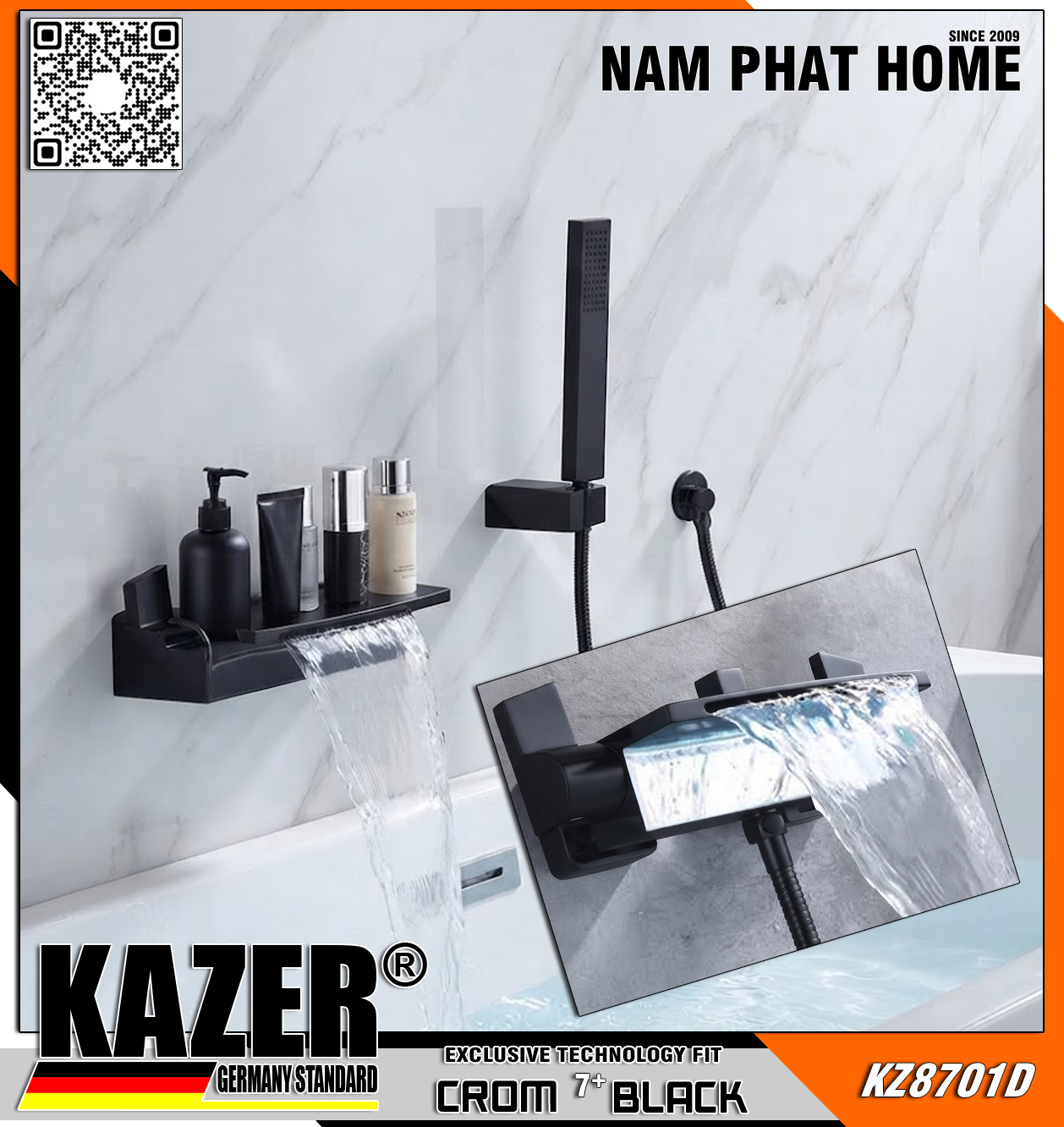 KZ8701D – VÒI SEN TẮM NÓNG LẠNH  ĐỒNG THAU MẠ CROM 7+ BLACK KAZER