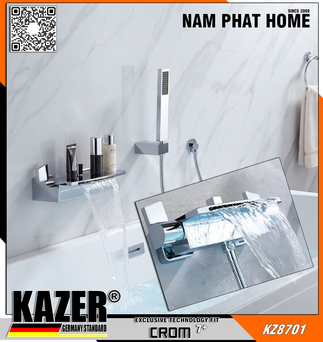 KZ8701P – VÒI SEN TẮM NÓNG LẠNH  ĐỒNG THAU MẠ CROM 7+ KAZER