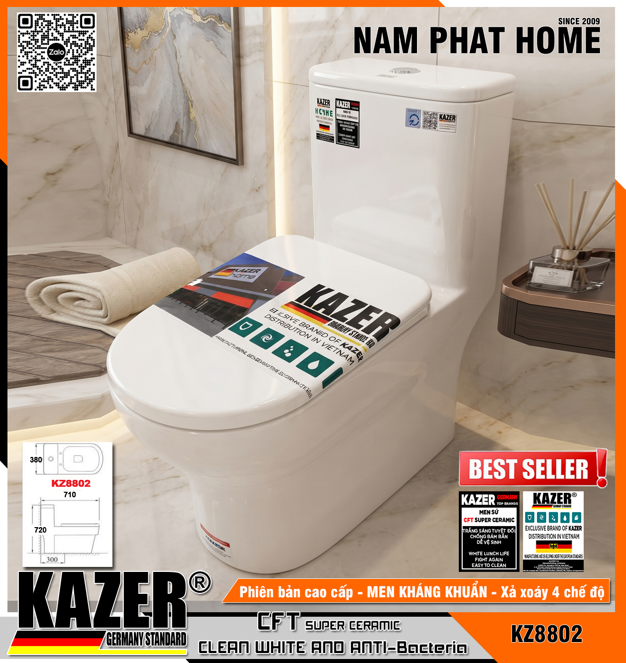 KZ8802 - BỒN CẦU 1 KHỐI KAZER - XẢ XOÁY 4 CHẾ ĐỘ - MEN SỨ SCERAMIC KHÁNG KHUẨN
