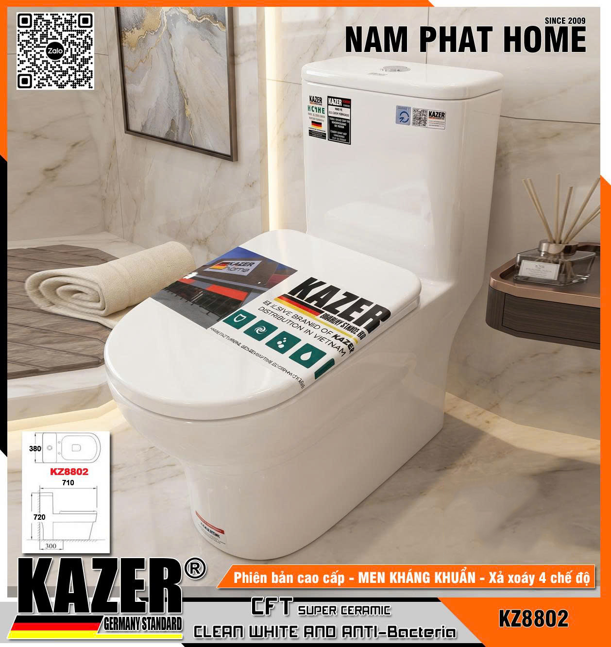 KZ8802 - BỒN CẦU 1 KHỐI KAZER - XẢ XOÁY 4 CHẾ ĐỘ - MEN SỨ SCERAMIC KHÁNG KHUẨN