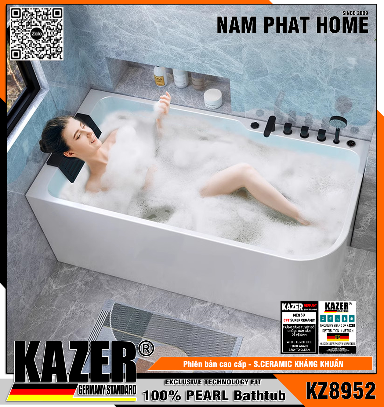 KZ8952T-15 - BỒN TẮM NẰM MASSAGER MÀU TRẮNG NGỌC TRAI KAZER - CÓ MASSA + ĐÈN LED + GỐI TỰA ĐẦU - SIZE 1500x770x600mm