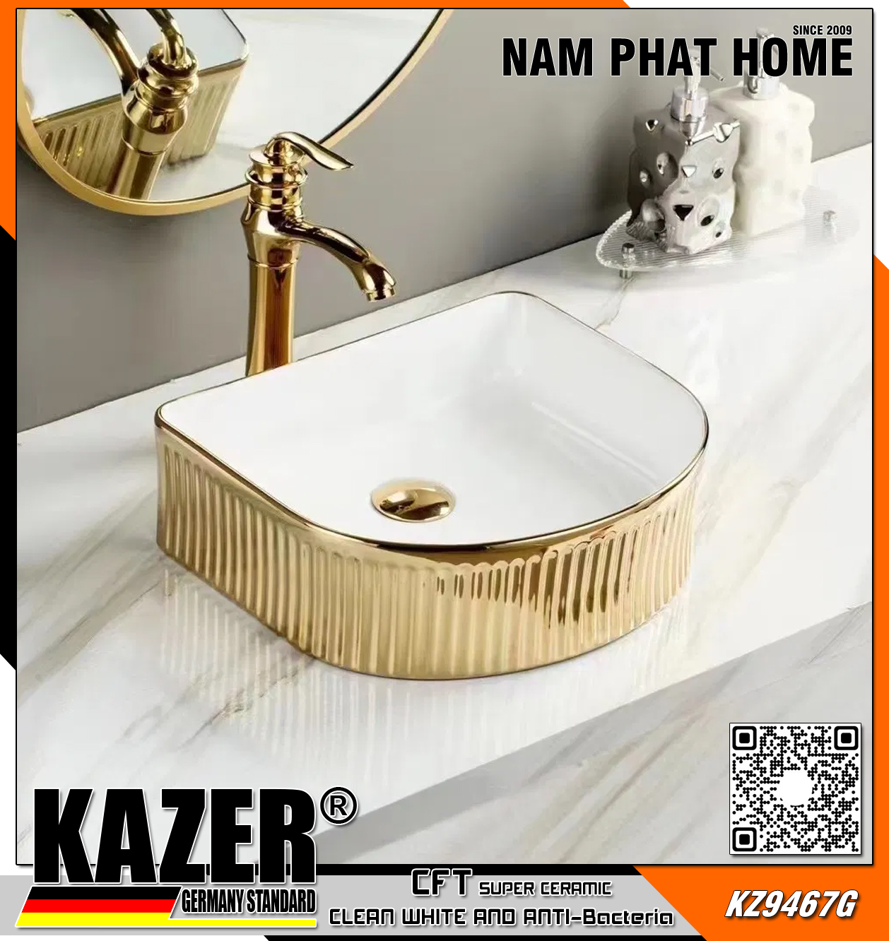 KZ9467G – LAVABO SỨ ĐẶT BÀN MẠ VÀNG KAZER GERMANY, SIZE 400X350X130mm