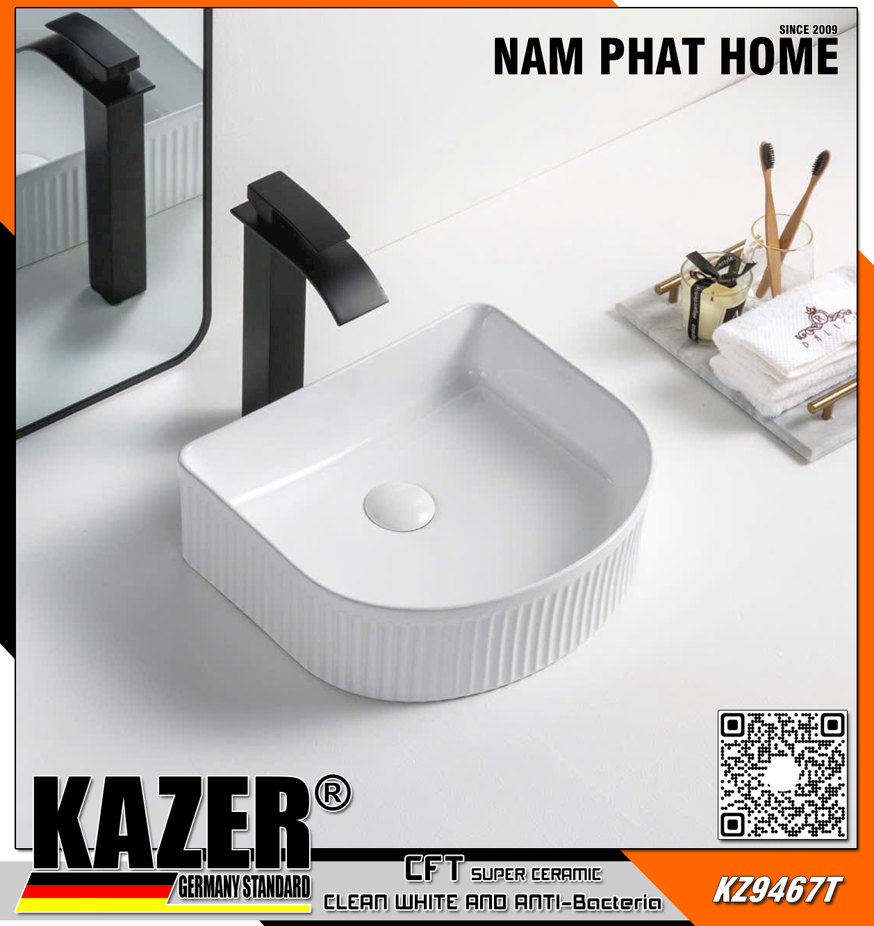 KZ9467T – LAVABO SỨ ĐẶT BÀN KAZER GERMANY MÀU TRẮNG, SIZE 400X350X130mm