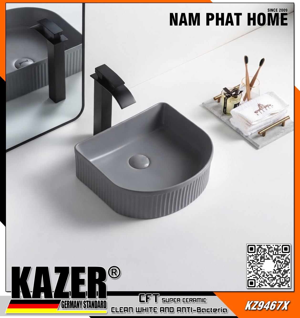  KZ9467X – LAVABO SỨ ĐẶT BÀN MẠ XÁM KAZER GERMANY, SIZE 400X350X130mm