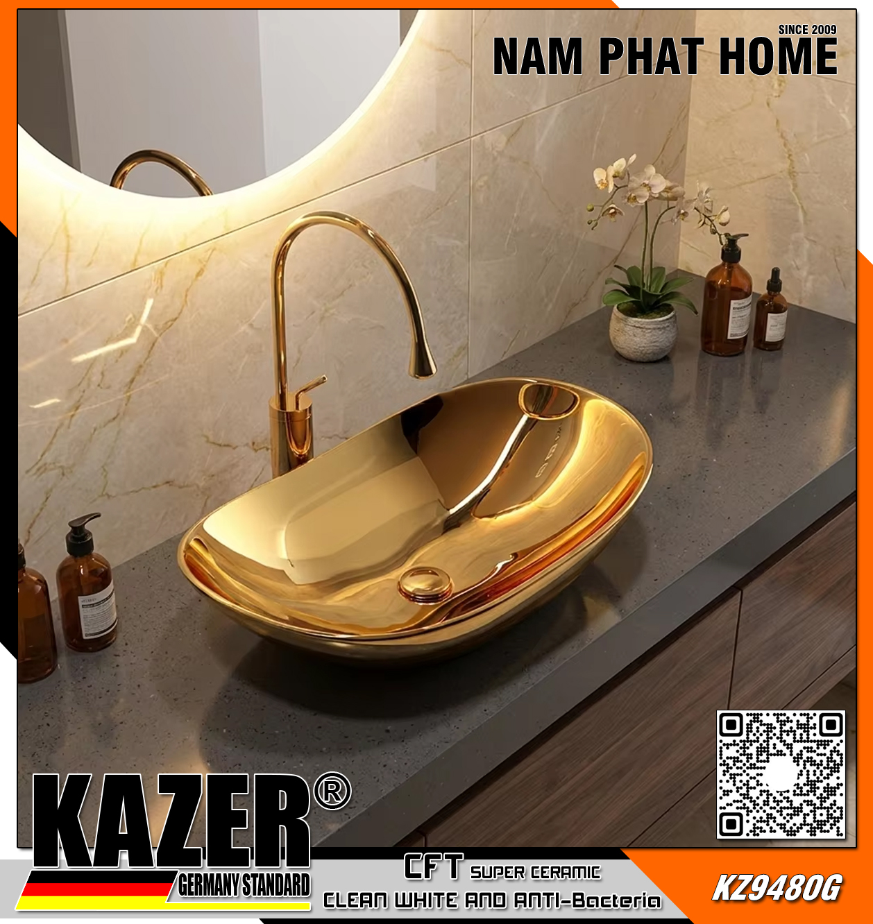 KZ9480G – LAVABO SỨ ĐẶT BÀN KAZER GERMANY, MÀU VÀNG GOLD