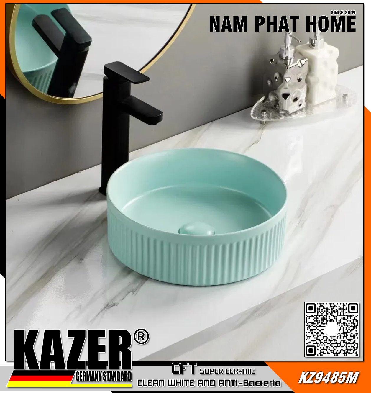  KZ9485M – LAVABO SỨ ĐẶT BÀN KAZER GERMANY, MẪU TRÒN , MÀU XANH MINT