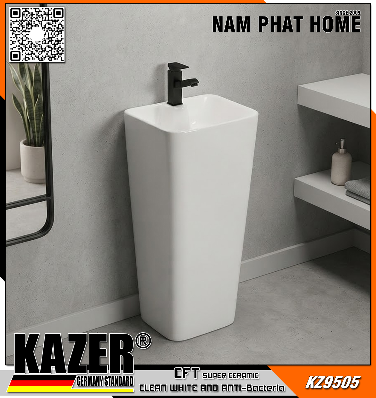 KZ9505 – LAVABO TRỤ LIỀN KHỐI KAZER GERMANY 
