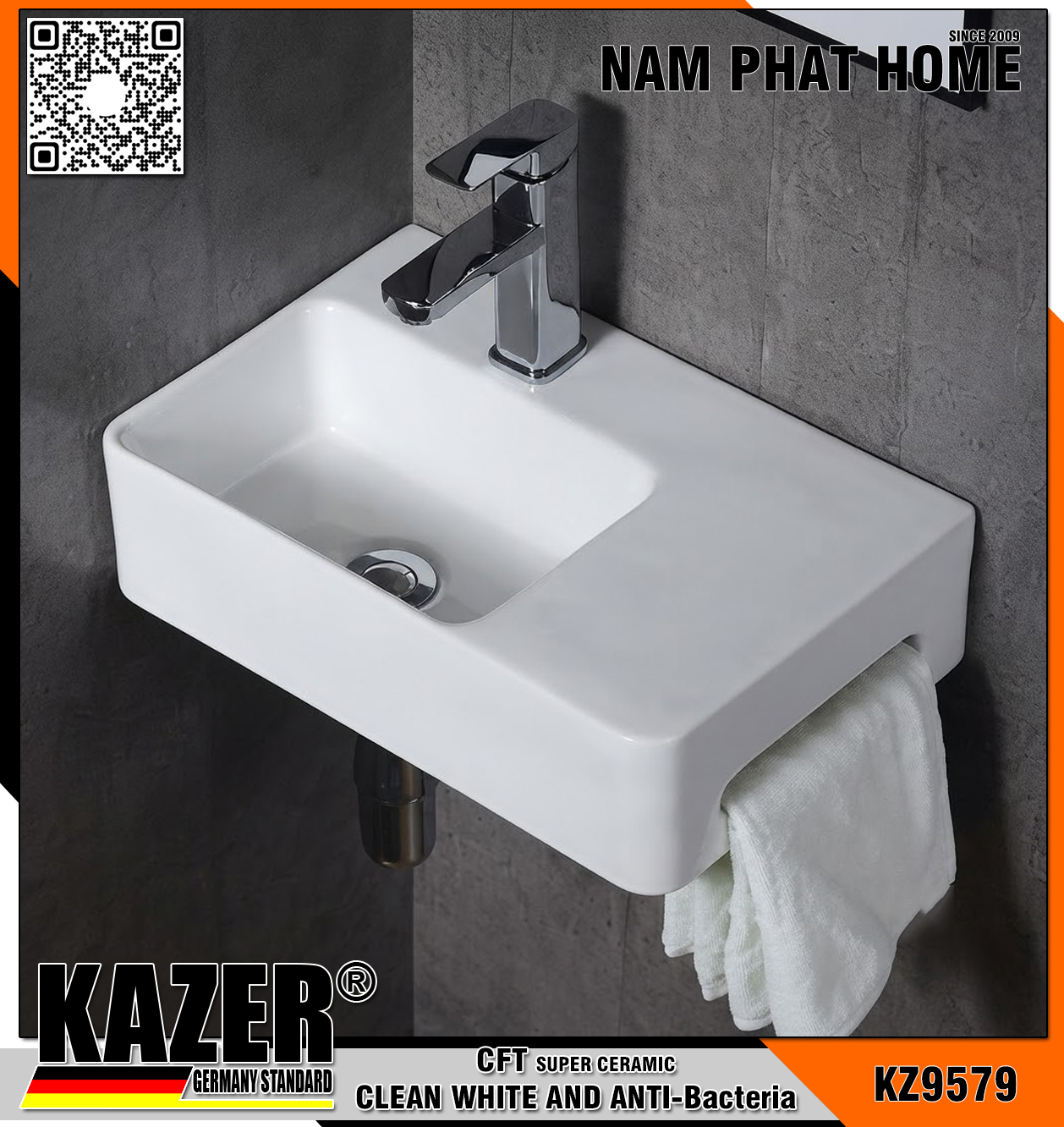KZ9479 – LAVABO SỨ TREO TƯỜNG KAZER GERMANY 