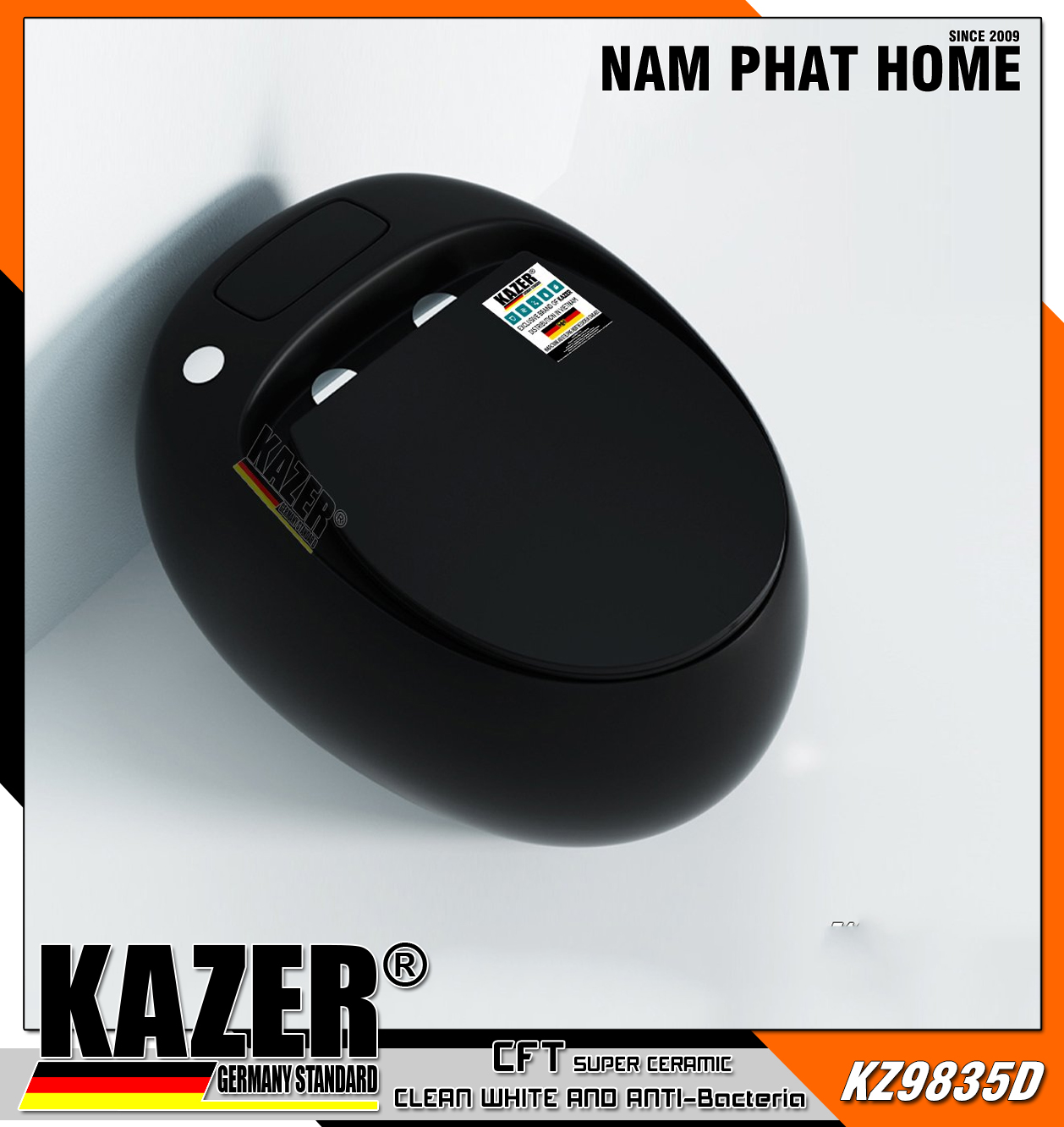 KZ9835D – Bồn cầu một khối Kazer mẫu trứng màu đen, xả pin