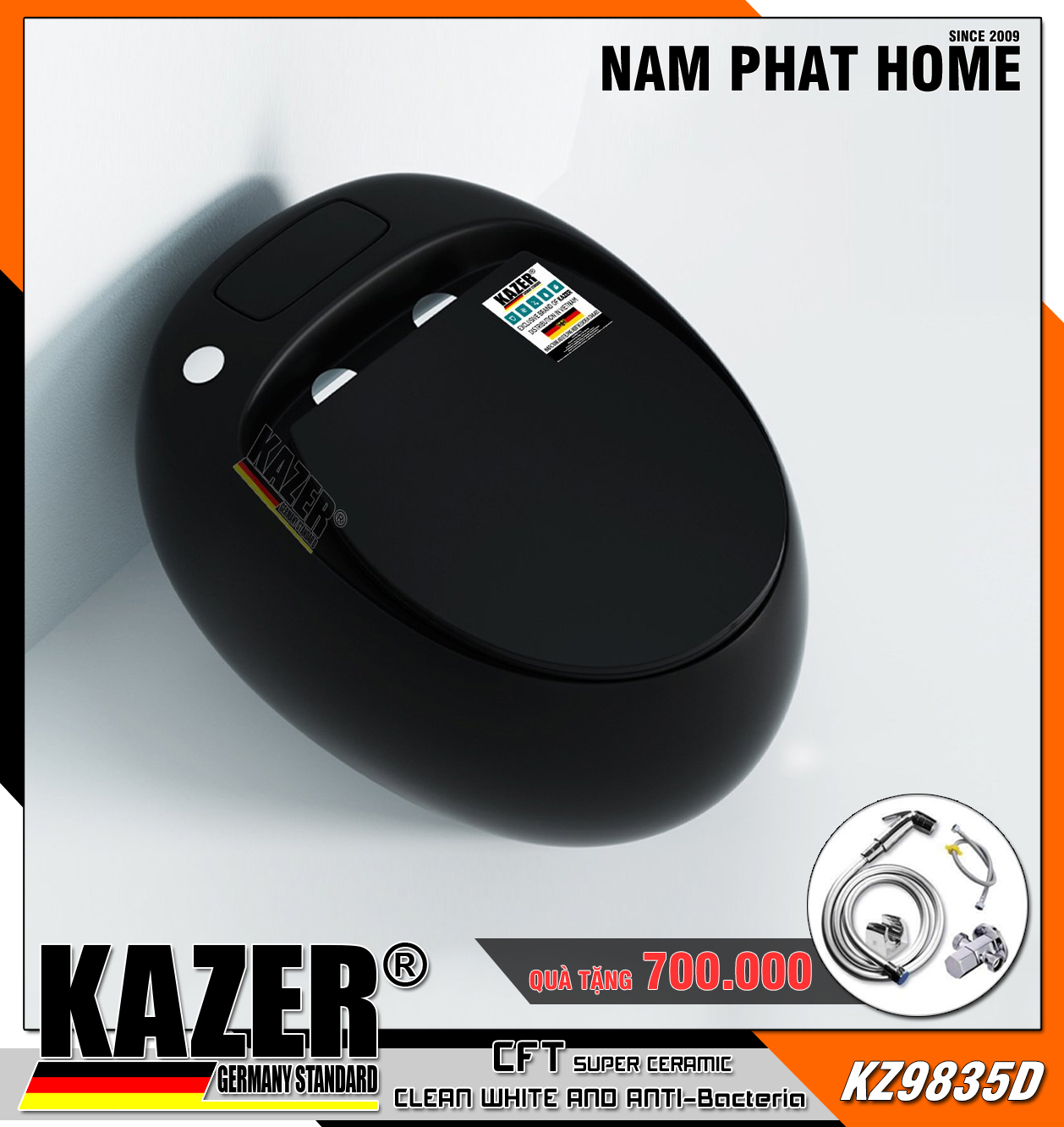 KZ9835D – Bồn cầu một khối Kazer mẫu trứng màu đen, xả pin (1)