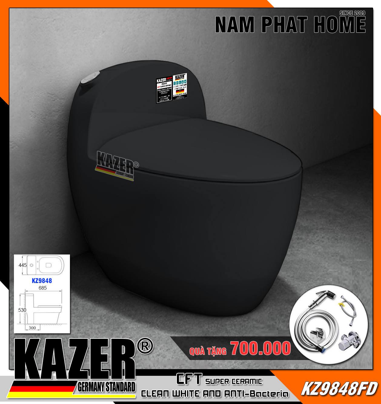 KZ9848FD – Bồn cầu một khối Kazer mẫu trứng màu đen  (1)