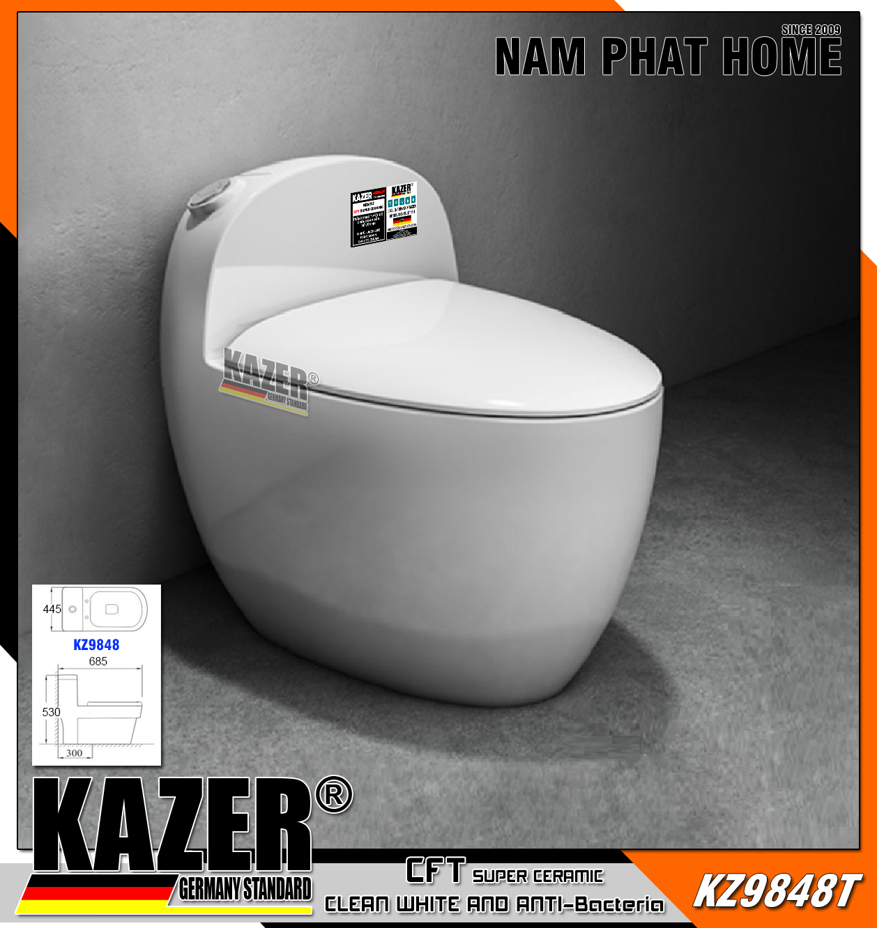 KZ9848T – Bồn cầu một khối Kazer mẫu trứng màu trắng( Thanh lý mẫu )