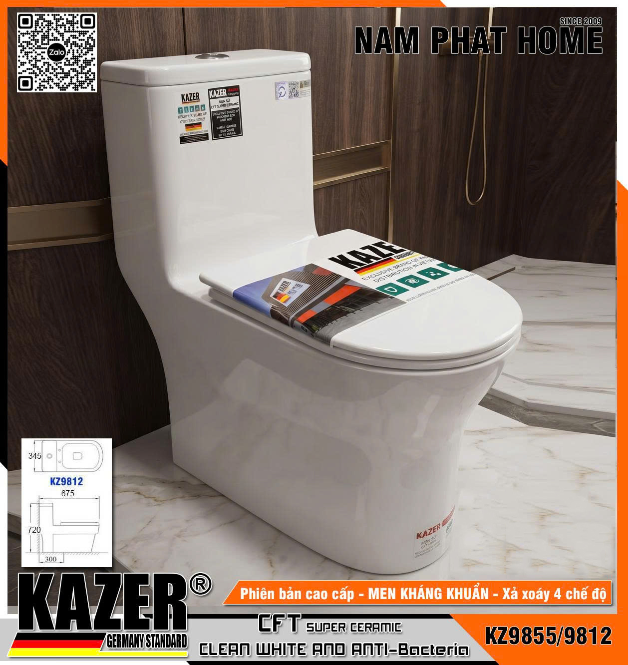 KZ9855/9812 - BỒN CẦU 1 KHỐI KAZER - MEN CHỐNG BÁM KHÁNG KHUẨN
