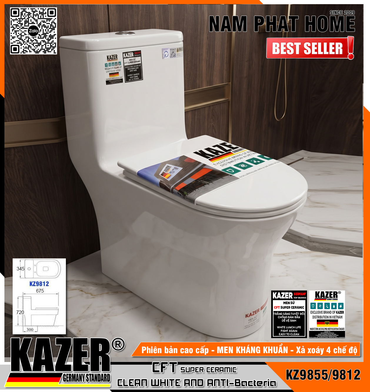 KZ9855/9812 - BỒN CẦU 1 KHỐI KAZER - MEN CHỐNG BÁM KHÁNG KHUẨN