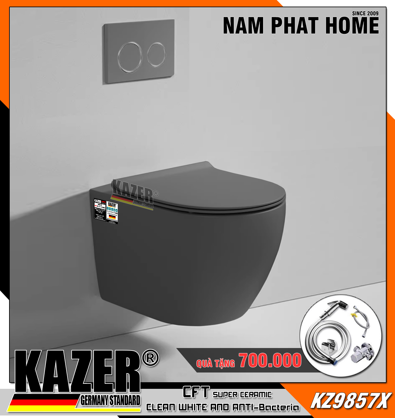 KZ9857X – Bồn cầu treo tường Kazer màu xám (1)