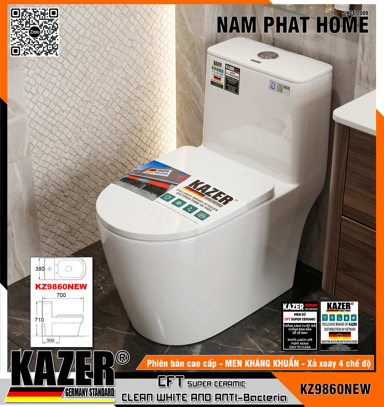 KZ9860NEW - BỒN CẦU 1 KHỐI KAZER - XẢ XOÁY 4 CHẾ ĐỘ - MEN SỨ SCERAMIC KHÁNG KHUẨN