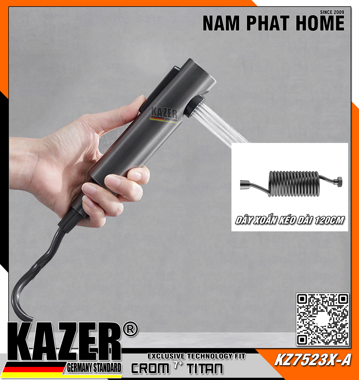 KZ7523X-A – VÒI XỊT VỆ SINH MÀU XÁM CAO CẤP, DÂY XOẮN CHỊU ÁP LỰC CAO KAZER GERMANY