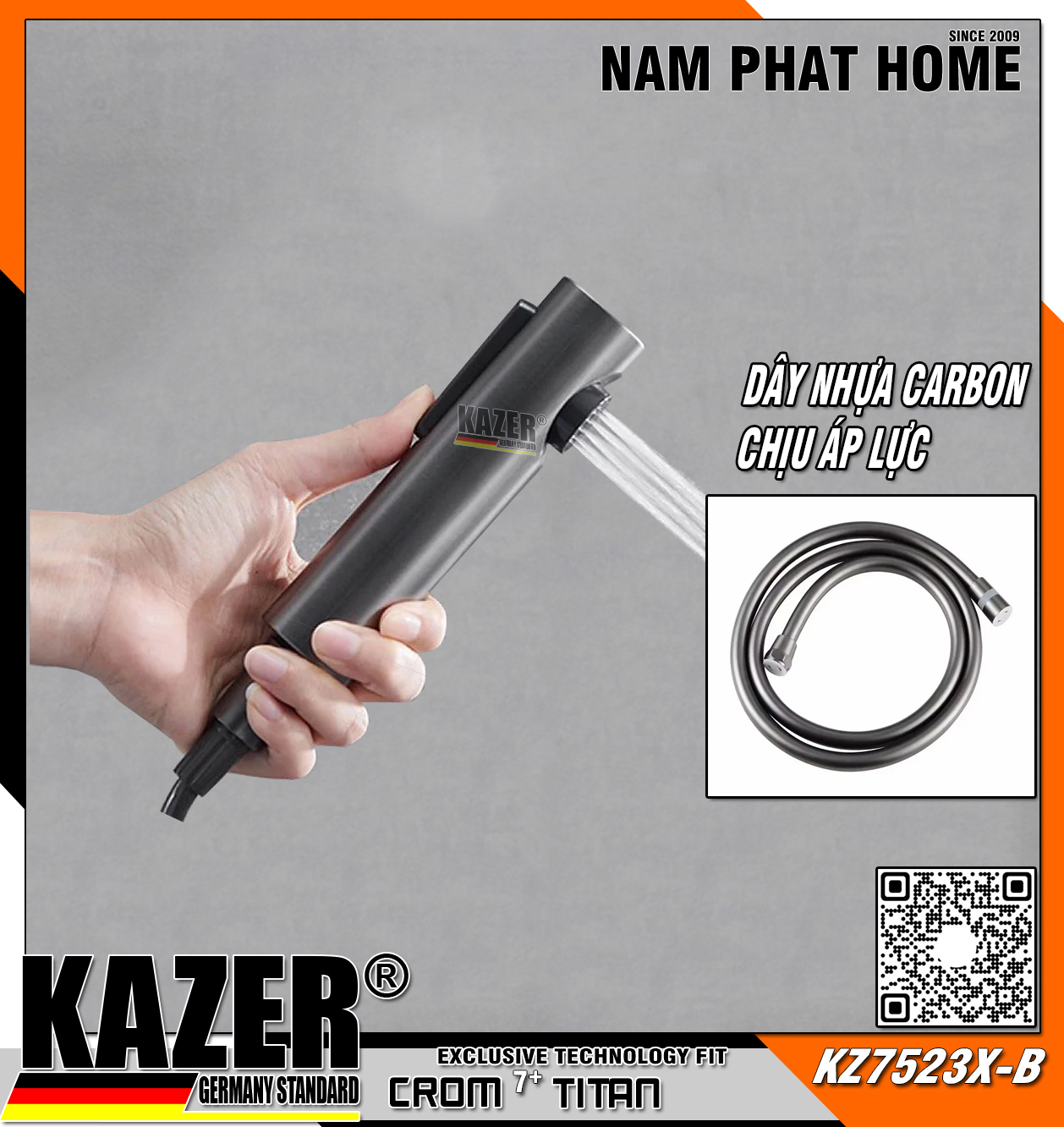 KZ7523X-B – VÒI XỊT VỆ SINH MÀU XÁM CAO CẤP, DÂY CARBON CHỊU ÁP LỰC CAO