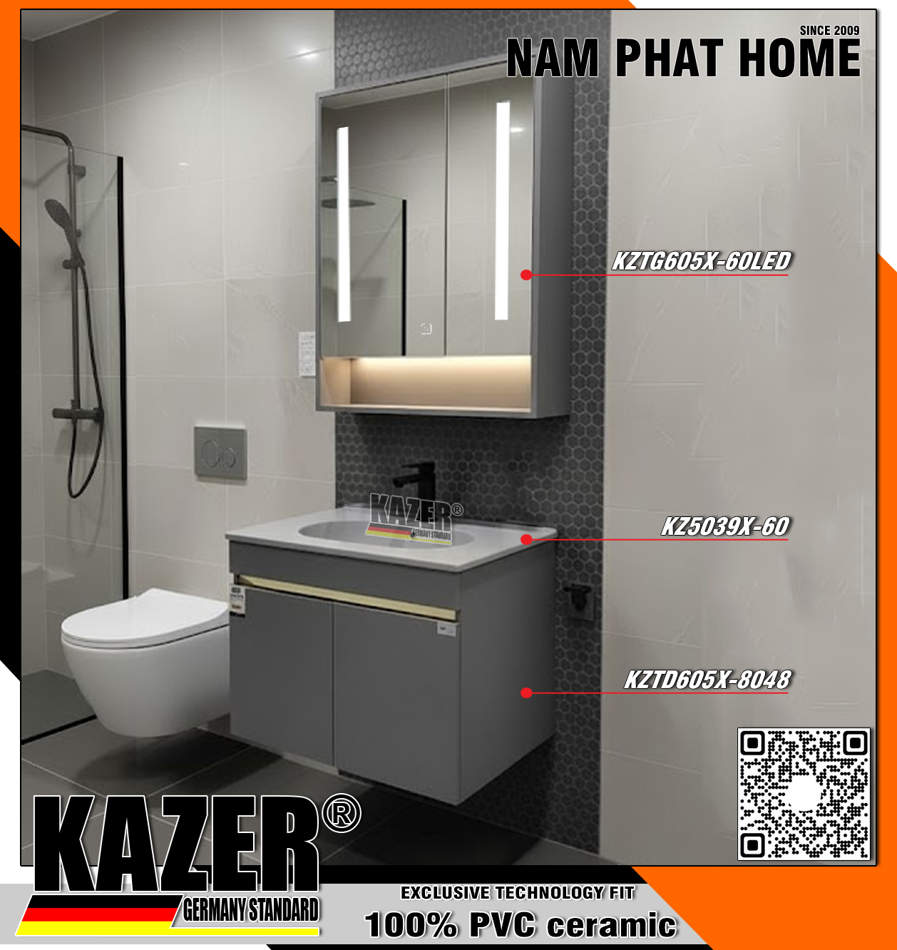  Tủ lavabo KAZER KZTD605 - Tủ gương KZTG605 có led, Mặt sứ màu xám - Nhựa 100% Nhập khẩu - 60cm