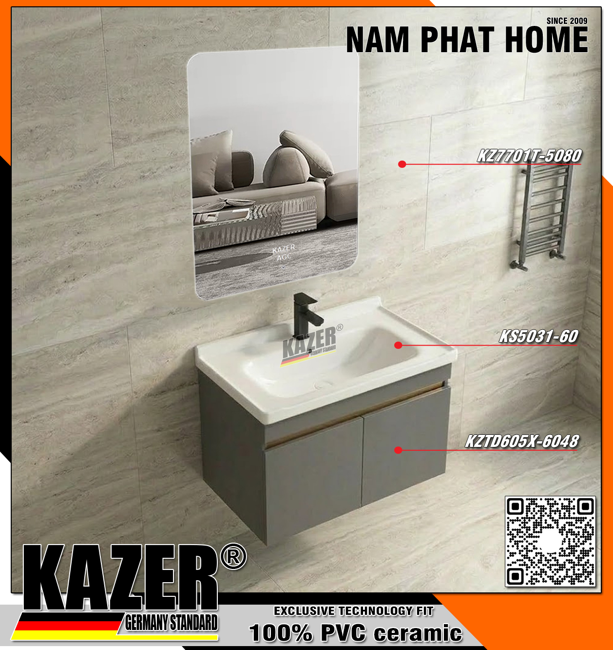  Tủ lavabo KAZER KZTD605 - Gương KZ7701 không led - 60cm