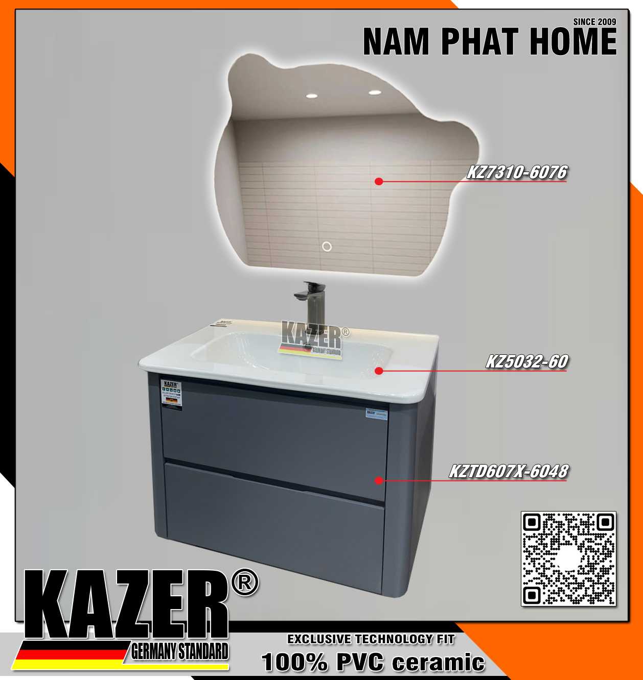 Tủ lavabo KAZER, 607X-6048 + GƯƠNG KZ7310T-6076, Nhựa 100% nhập khẩu - 60cm