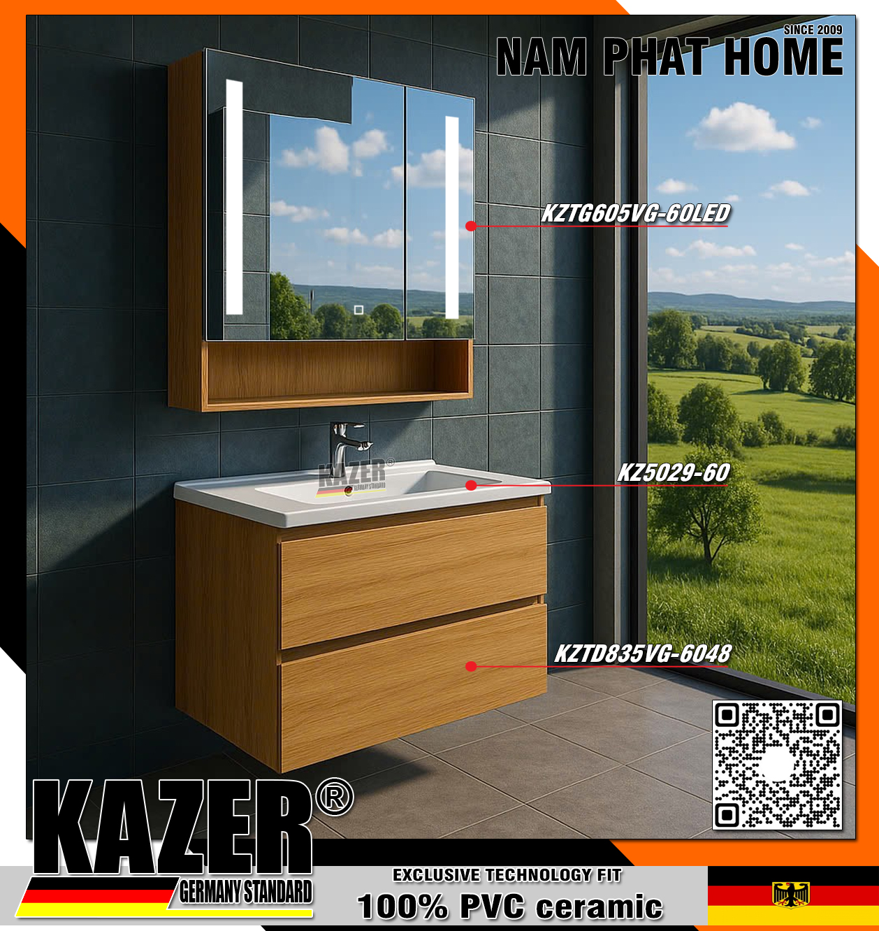 Tủ lavabo KAZER, KZTD835VG-6048 , TỦ GƯƠNG 605VG-60LED , NHỰA NHẬP KHẨU 100%