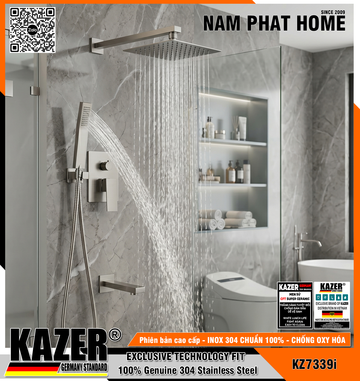 KZ7339i SEN TẮM ÂM TƯỜNG - ÂM TRẦN KAZER - INOX CHUẨN 304 100% CHỐNG OXY HÓA