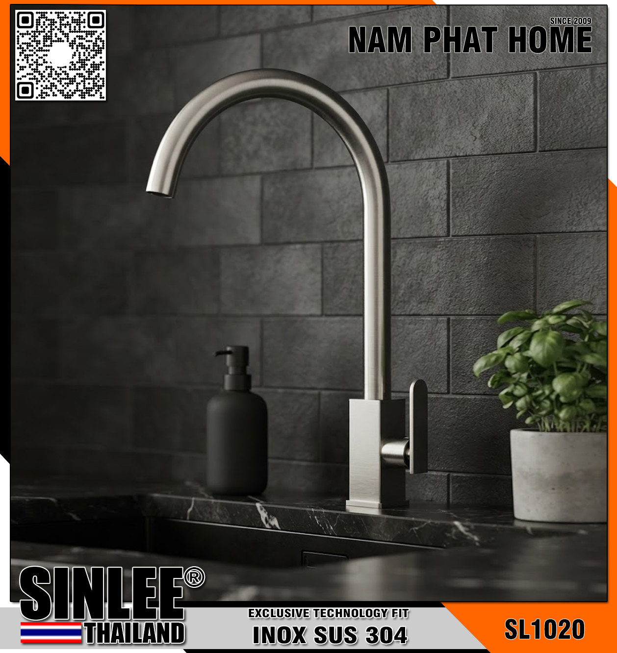 SL1020 – VÒI RỬA CHÉN LẠNH THÂN VUÔNG ĐÚC INOX , ỐNG PHI 24 CONG SỐ 6