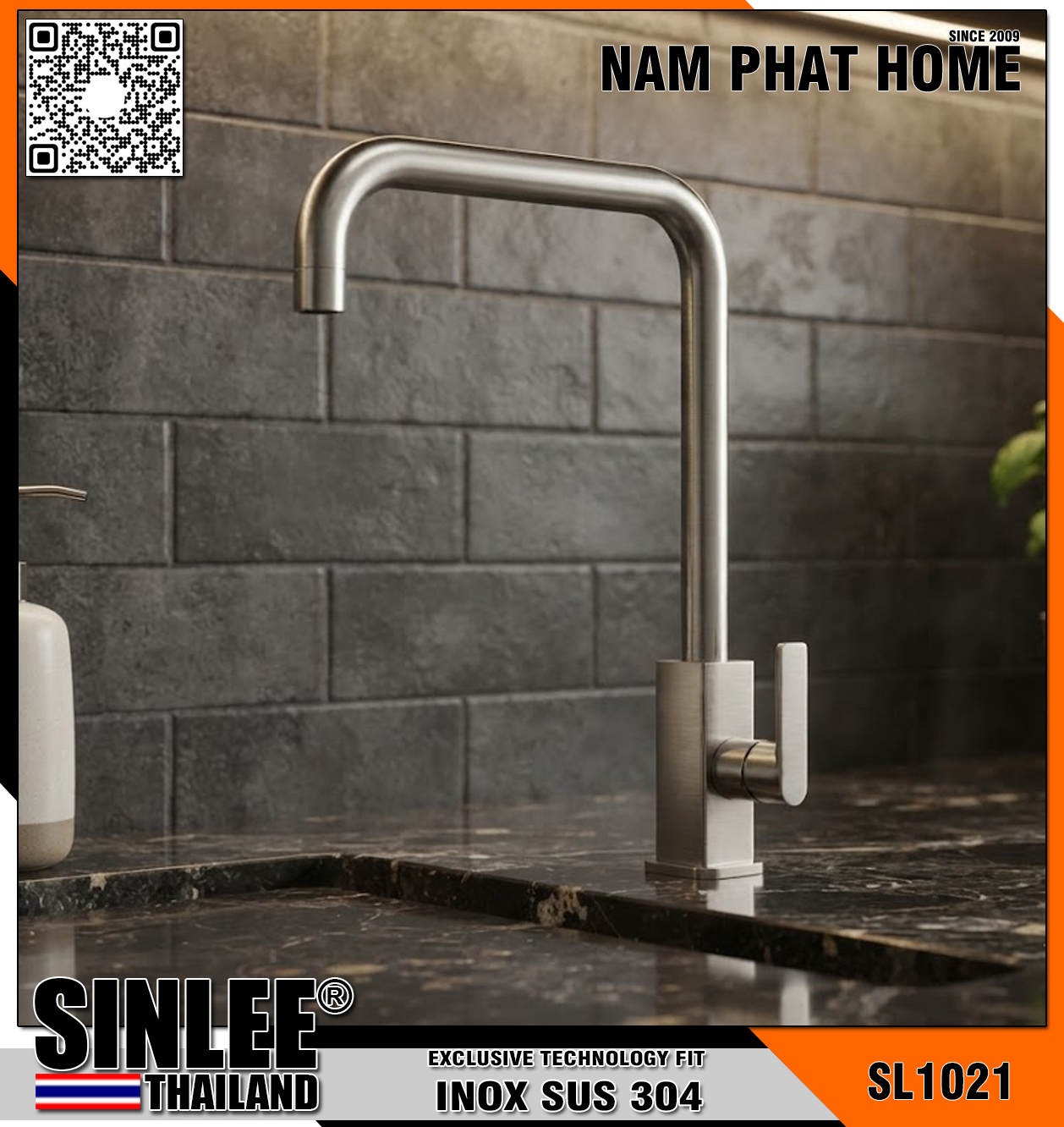 SL1021 – VÒI RỬA CHÉN LẠNH THÂN VUÔNG ĐÚC INOX , ỐNG PHI 24 CONG SỐ 7