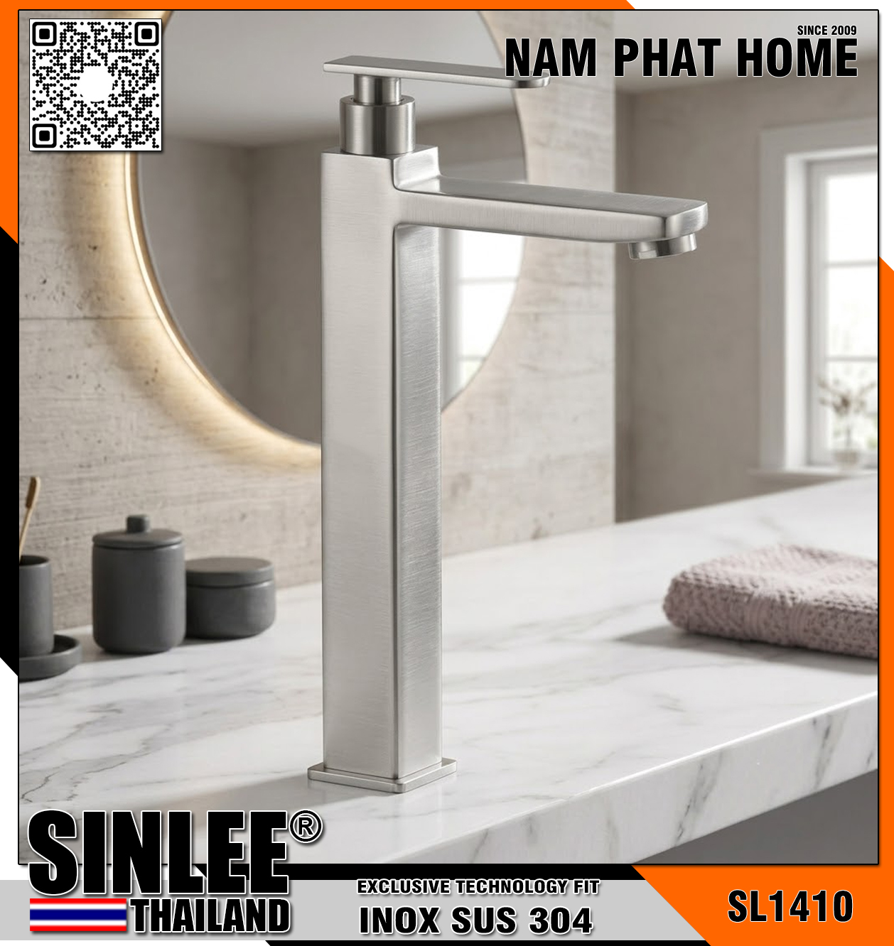 SL1410 – VÒI LAVABO LẠNH INOX  VUÔNG NHỎ 30CM SINLEE